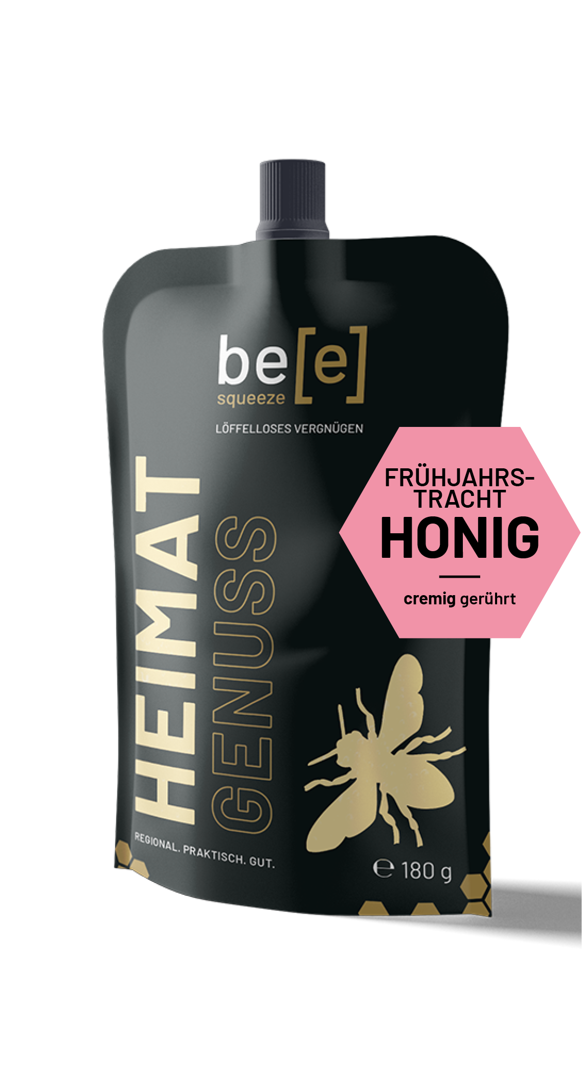 Einzelbeutel Frühjahrstracht mit Aufkleber Imkerhonig beesqueeze Regionaler Honig im Quetschbeutel